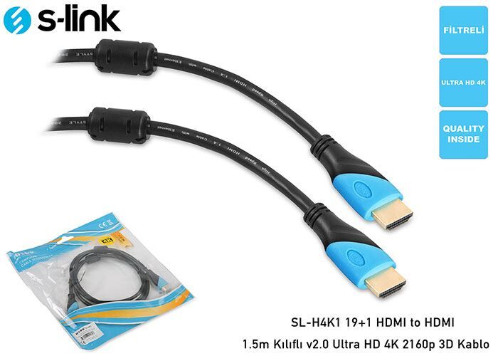 S-LINK 1.5m HDMI-HDMI v2.0 Ultra HD 4K 2160P 3D Görüntü Kablosu SL-H4K1