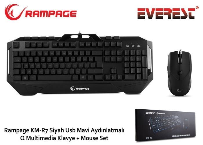 RAMPAGE USB Mavi LED'li Q Multimedya Siyah Klavye,Mouse Set KM-R7S
