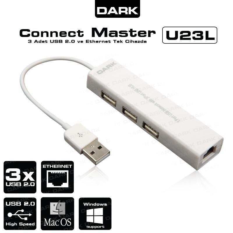 DARK USB2.0, 3 Port Ethernet Girişli USB Çoklayıcı