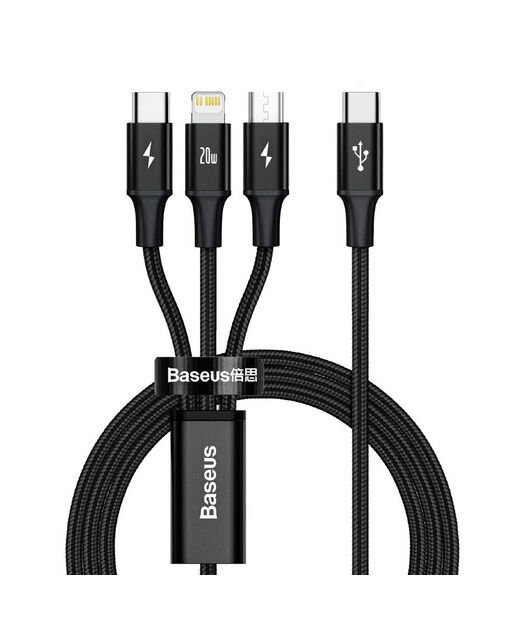 Baseus CAMLT-SC01 Rapid Series PD 20W 3in1 Type-C to Type-C + Lightning + Micro Hızlı Şarj Kablosu 1.5m Siyah