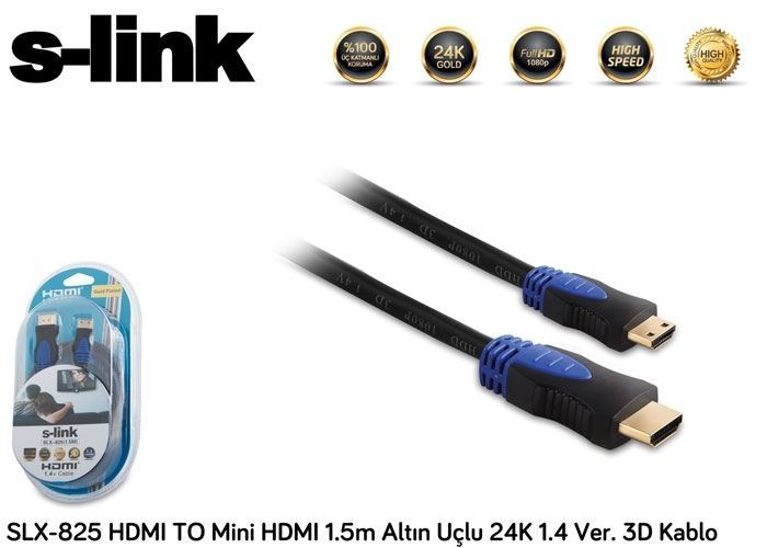 S-LINK 1.5m v1.4 3D Altın Uçlu HDMI-Mini HDMI Görüntü Kablosu SLX-825