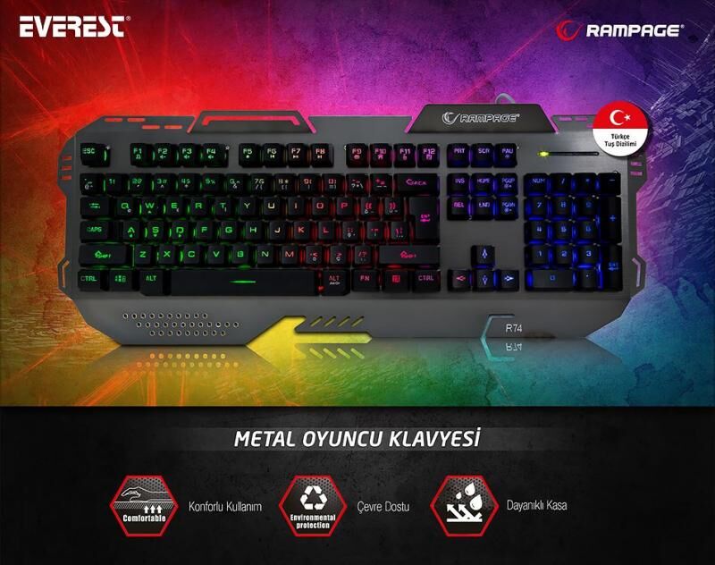 RAMPAGE USB Q Gökkuşağı Aydınlatmalı Multimedya Gaming Klavye KB-R74