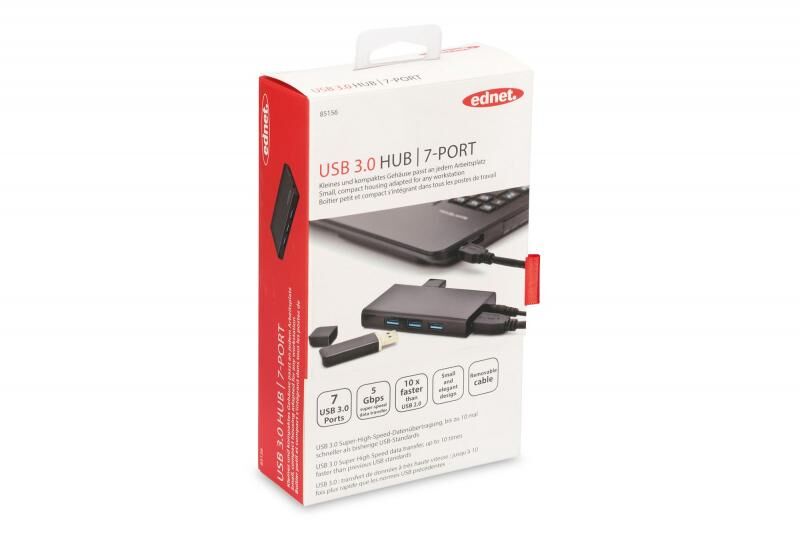 DIGITUS 7 Port USB 3.0 Hub, siyah renk, güç adaptörlü, 85156