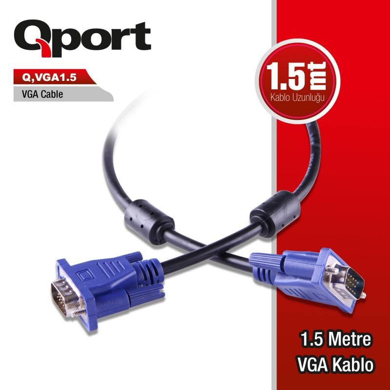 QPORT 1.5m M/M Monitör PC Arası VGA Data Görüntü Kablosu Q-VGA1_5