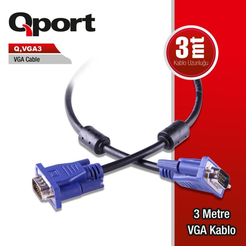 QPORT 3m M/M Monitör PC Arası VGA Data Görüntü Kablosu Q-VGA3