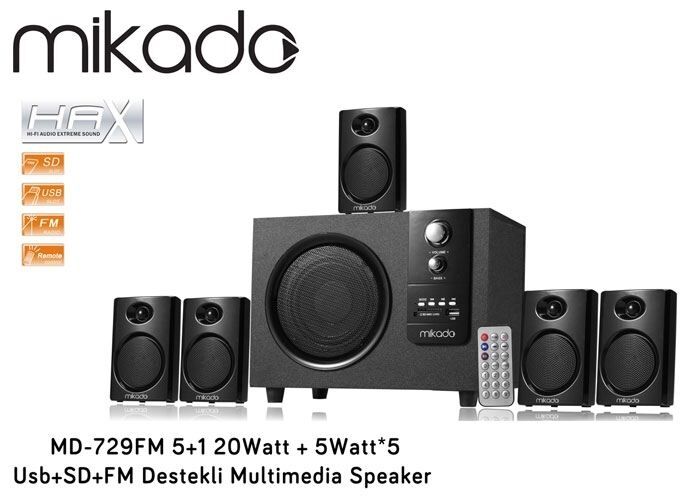 MIKADO 20W 5Wx5 5+1 USB,SD,FM Destekli Multimedya Hoparlör MD-729FM