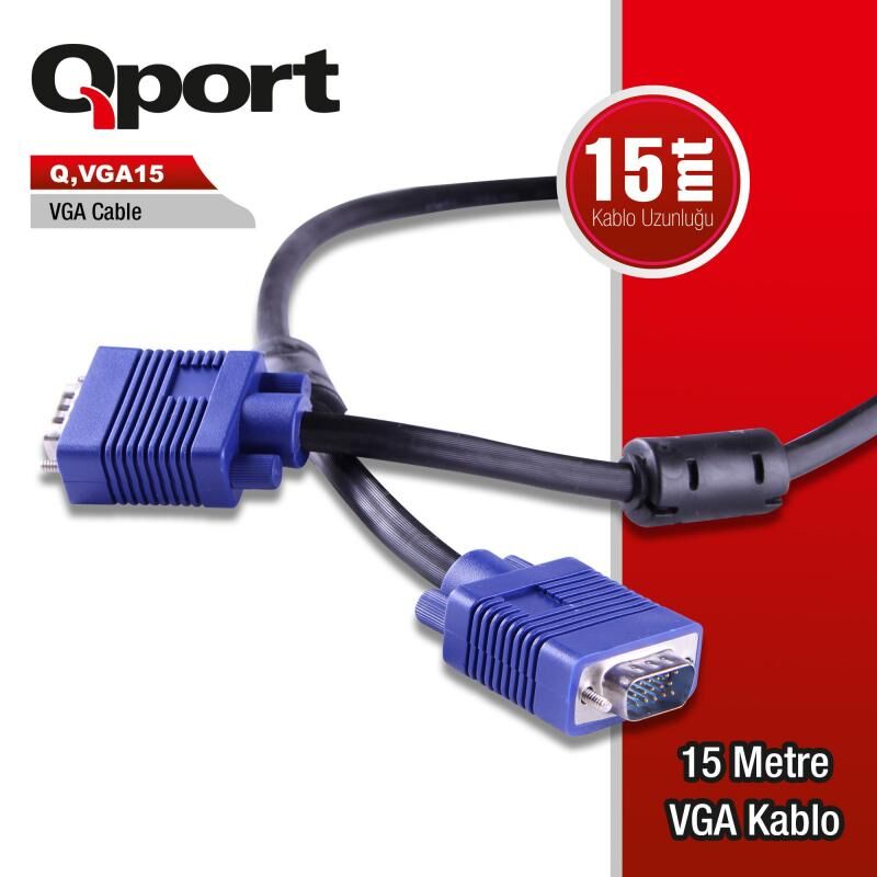 QPORT 15m Monitör PC Arası VGA M/M Data Görüntü Kablosu Q-VGA15