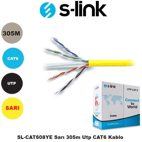 S-LINK CAT6 305M Awg 24 UTP Sarı Network Kablosu SL-CAT608YE