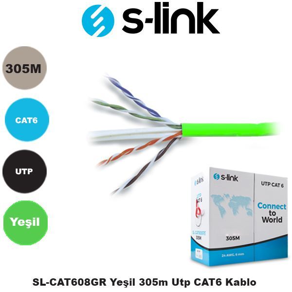 S-LINK Cat6 305m Awg 24 UTP Yeşil Network Kablosu SL-CAT608GR