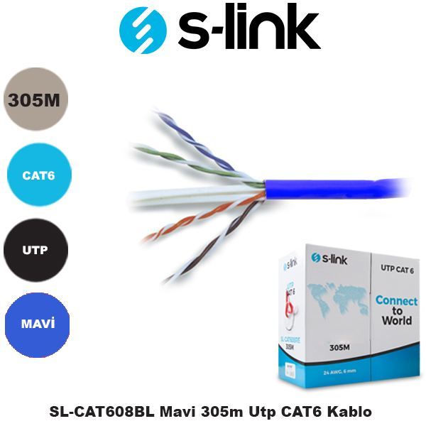S-LINK Cat6 305m Awg 24 UTP Mavi Network Kablosu SL-CAT608BL
