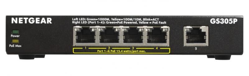 NETGEAR 5 Portlu 10/100/1000 Gigabit 1-4 port PoE li Tak-Çalıştır Switch (55W) GS305P-100PES