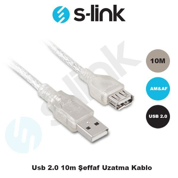 S-LINK 10m USB2.0 Şeffaf Uzatma Kablosu SL-AF2010