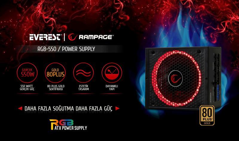 RAMPAGE 550W 12cm Fan 80Plus Gold RGB LED Full Moduler Güç Kaynağı RGB-550