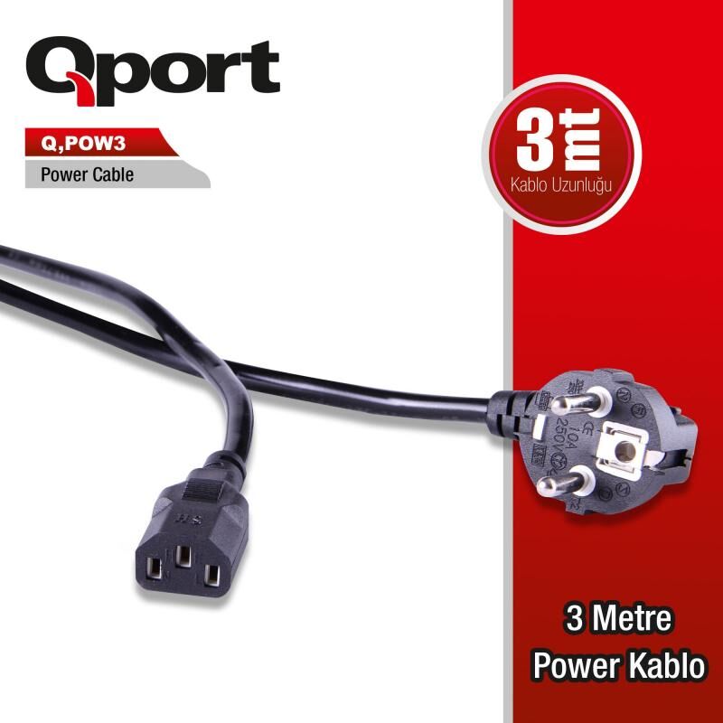 QPORT 3m PC Güç Kablosu Q-POW3