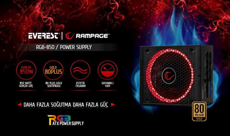 RAMPAGE 850W 80+Plus Gold RGB LED Tam Modüler Güç Kaynağı RGB-850