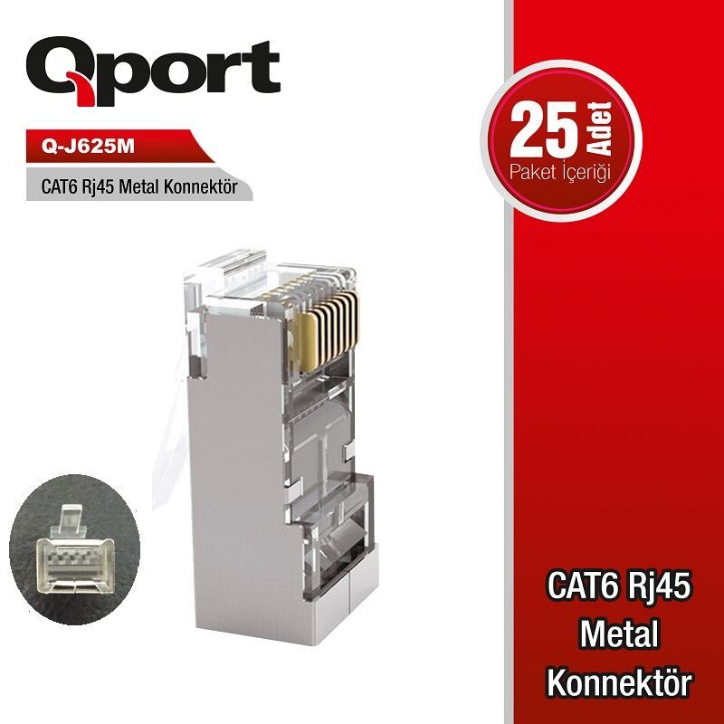 QPORT CAT6 Metal RJ-45 25'li Paket Jack Konnektör Q-J625M
