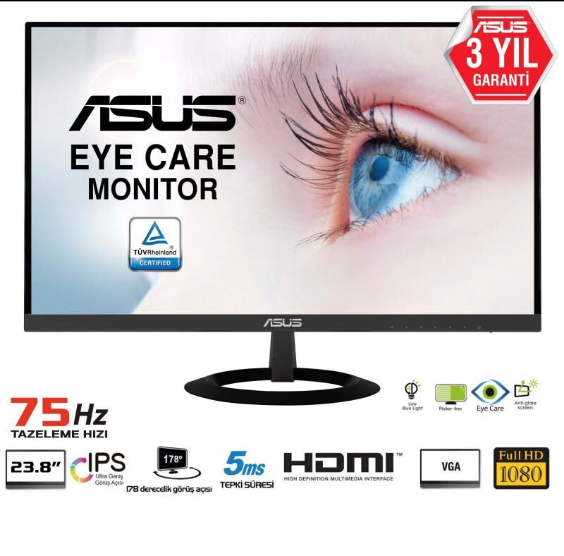 ASUS 23,8''1920x1080,5ms,75Hz,VGA-HDMI,EyeCare,IPS,Siyah Led Monitör VZ249HE