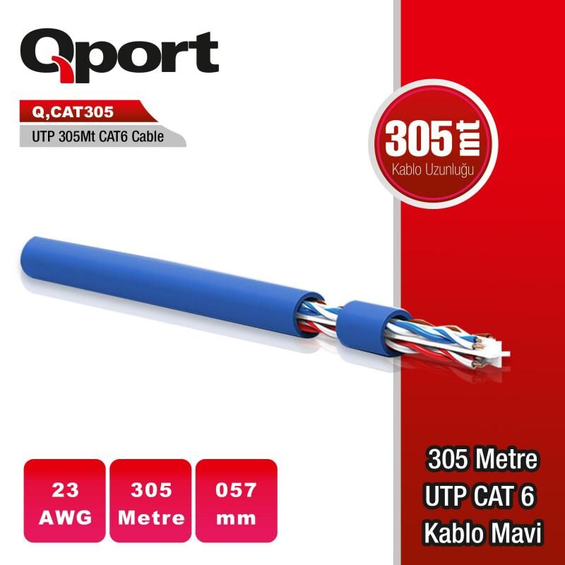 QPORT CAT6 305M UTP Awg 23 0.57mm Mavi Network Kablosu Q-CAT6M