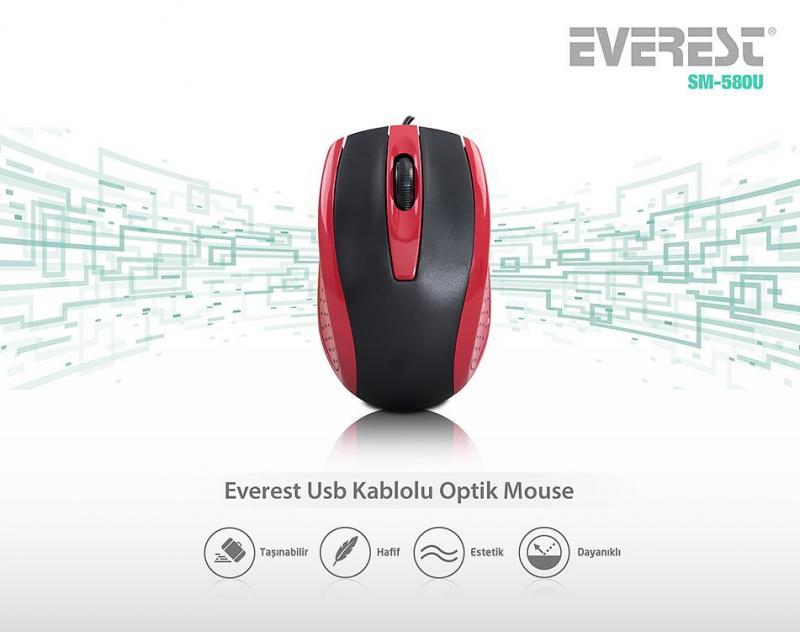 EVEREST Kablolu USB Optik Siyah,Kırmızı Mouse SM-580U-K