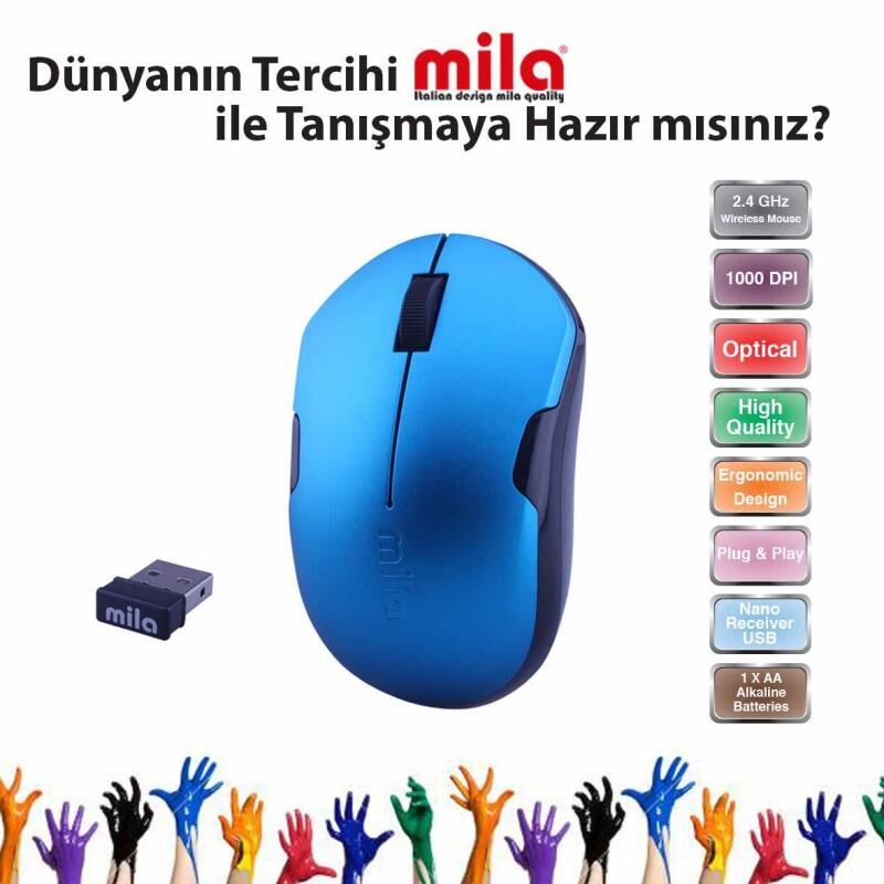 MILA Kablosuz Nano Optik 2.4GHz Mavi,Siyah Şerit Mouse ML351