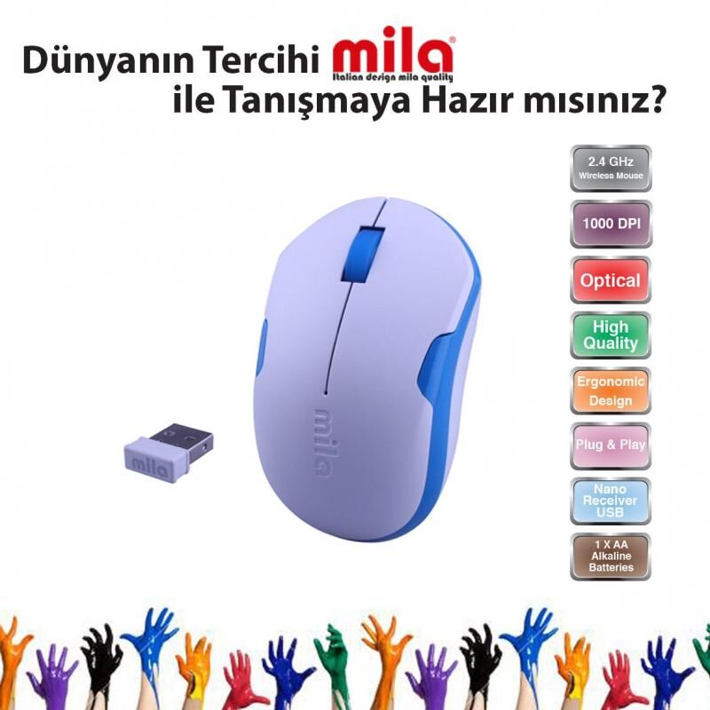 MILA Kablosuz Nano Optik 2.4GHz Beyaz,Mavi Şerit Mouse ML371