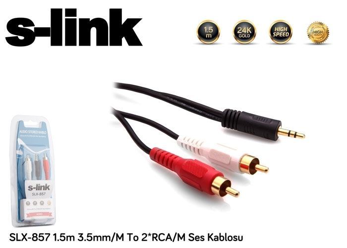 S-LINK 1.5m 2xRCA-3.5mm Altın Uçlu Stereo Ses Kablosu SLX-857