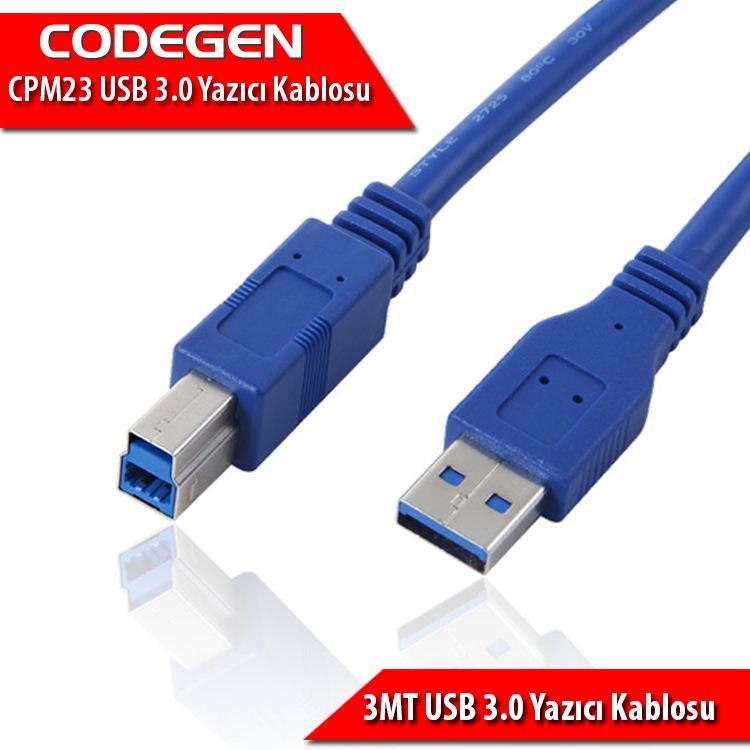 CODEGEN 3m AM/BM USB3.0 Mavi Yazıcı Bağlantı Kablosu CPM23