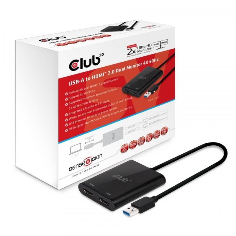 CLUB3D CSV-1474 USB 3.0 Type-A to Dual HDMI 2.0 4K 60Hz External