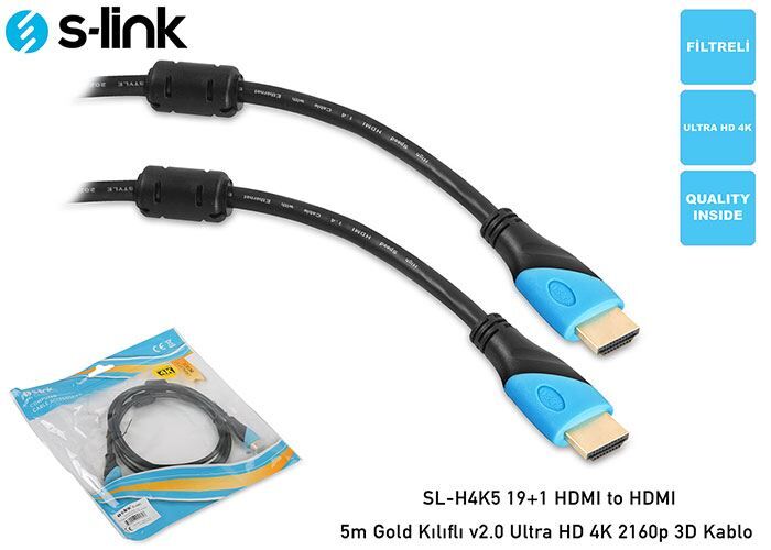 S-LINK 19+1 HDMI to HDMI 5m Gold Kılıflı v2.0 Ultra HD 4K 2160p 3D Kablo SL-H4K5