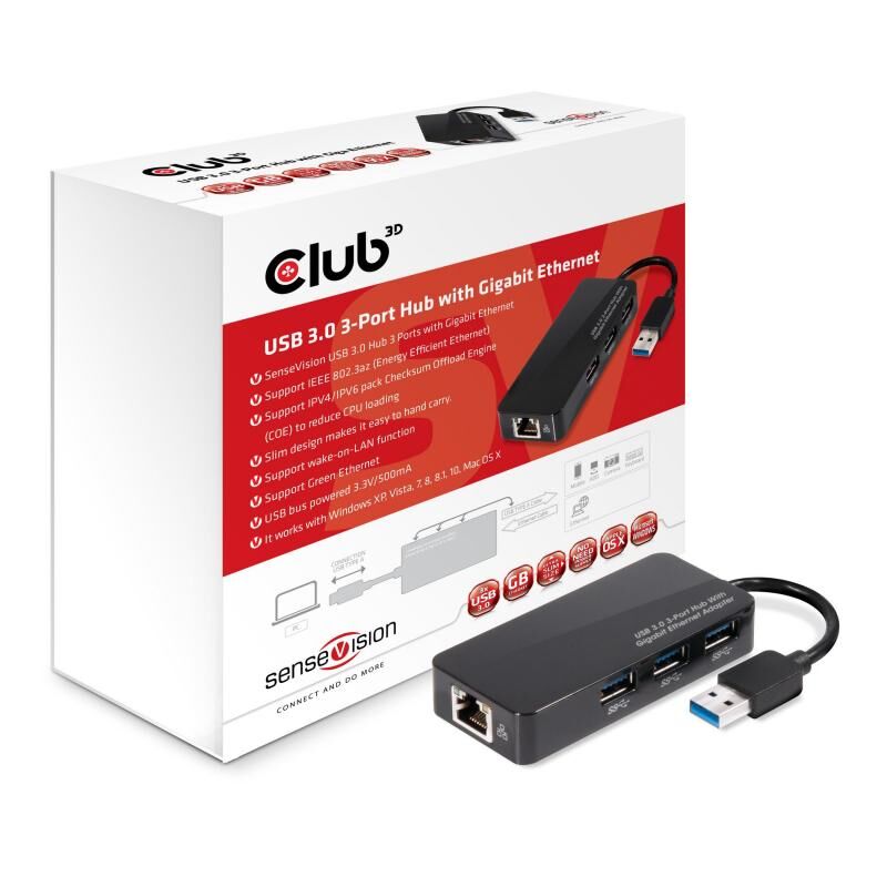 CLUB3D USB3.0 Hub Gigabit Ethernet ile 3 Bağlantı Noktalı Çoklayıcı