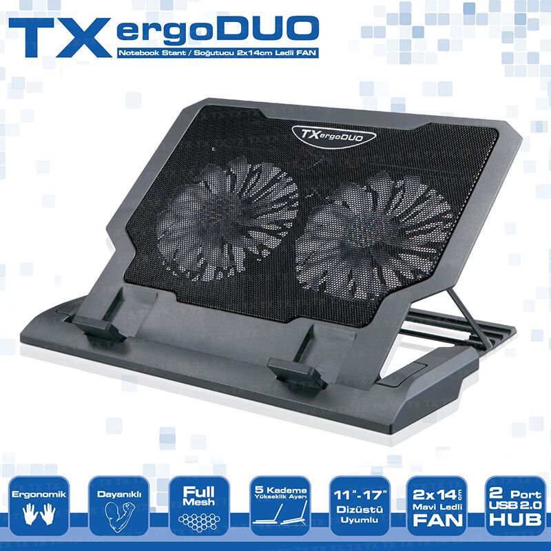 TX TXACNBERGDUO 11-17'' 14cm Çift Fan 2xUSB 5xYükseklik Ayarlı Notebook Soğutucu