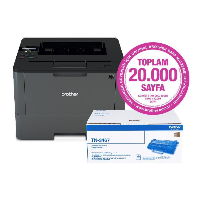 BROTHER HL-L5200DW-2T Mono Laser WiFi 40ppm A4 Yazıcı - 2 TONERLİ