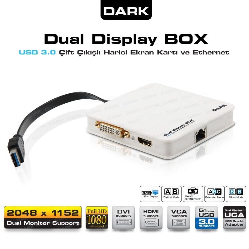 DARK USB3.0/2.0 Çift Çıkışlı Full HD VGA, Ethernet Çoklayıcı DK-AC-UGA30