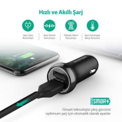 RAVPOWER RP-PC086 18W Çift Çıkış iSmart Siyah Araç Şarjı