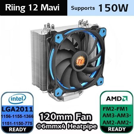 THERMALTAK Riing Silent 12cm Mavi Ledli fanlı CPU Soğutucu İntel LGA2011/1366/115x/