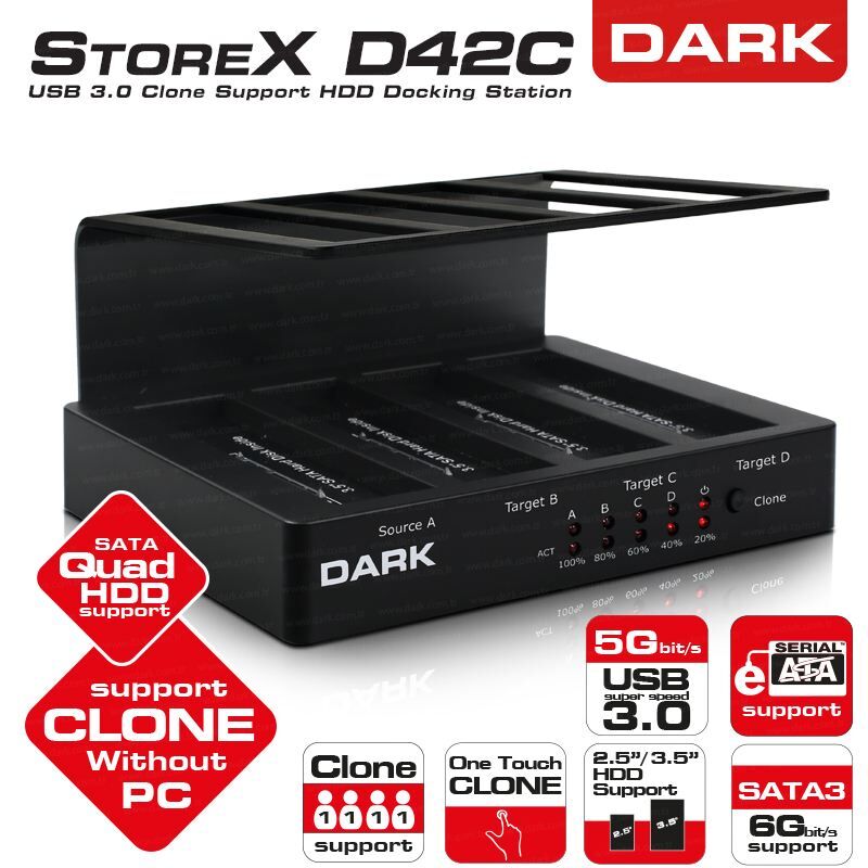 DARK StoreX 2.5/3.5'' 4xDisk Tek tuş Klonlama USB3.0 Disk İstasyonu DK-AC-DSD42C