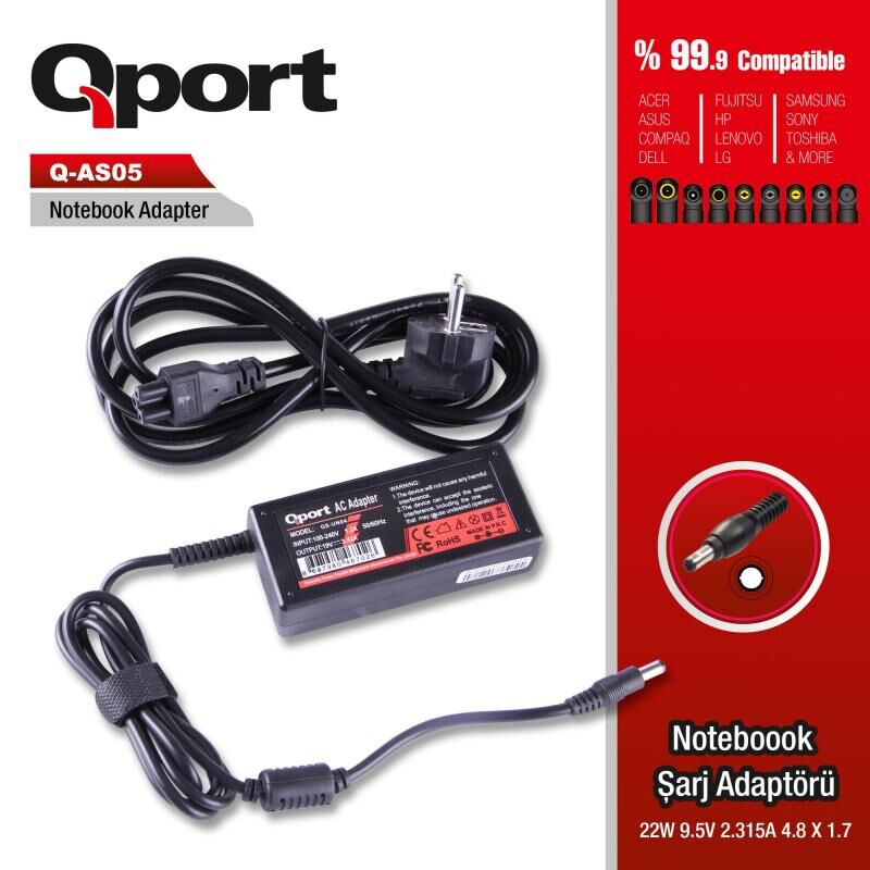 QPORT Asus 22W 9.5V-2.315A (4.8x1.7) Netbook Standart Adapt?r QS-AS05