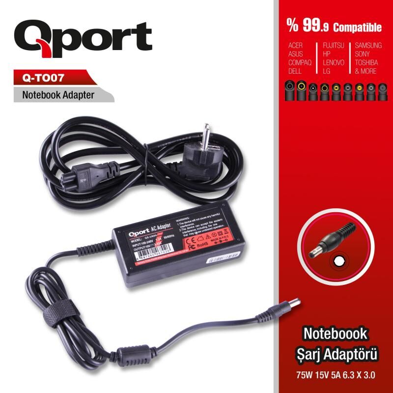 QPORT Toshiba 75W 15V-5A (6.3x3.0) Notebook Standart Adapt?r QS-TO07
