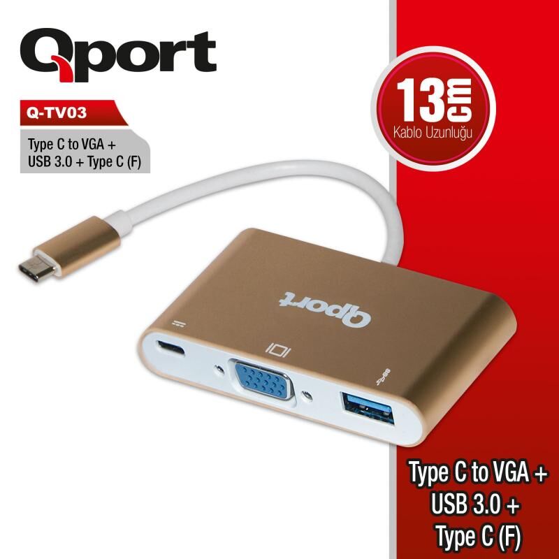 QPORT Type-C To VGA + USB3.0+Type-C(F) 1920*1080P Çevirici Converter Q-TV03