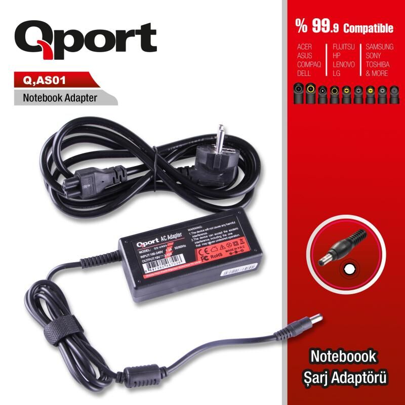 QPORT Asus 44W 12V-3A (4.8x1.7) Netbook Standart Adapt?r QS-AS01