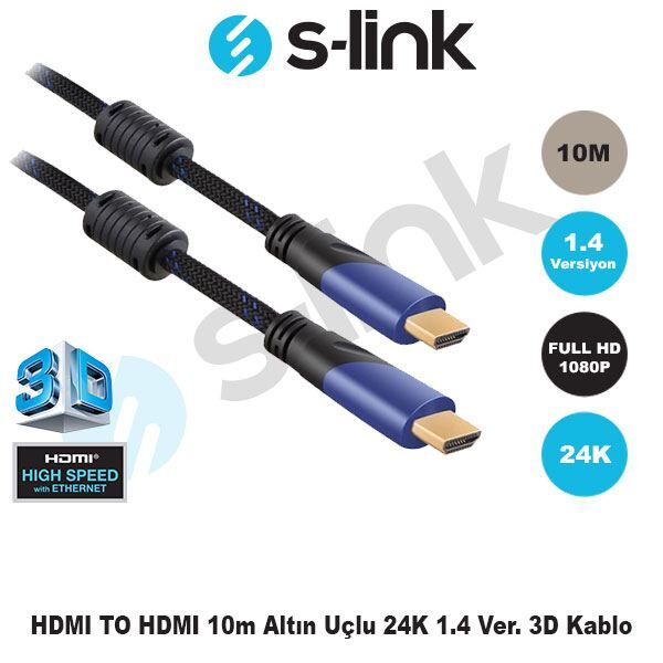 S-LINK 10m v1.4 3D Altın Uçlu HDMI Görüntü Kablosu SLX-265