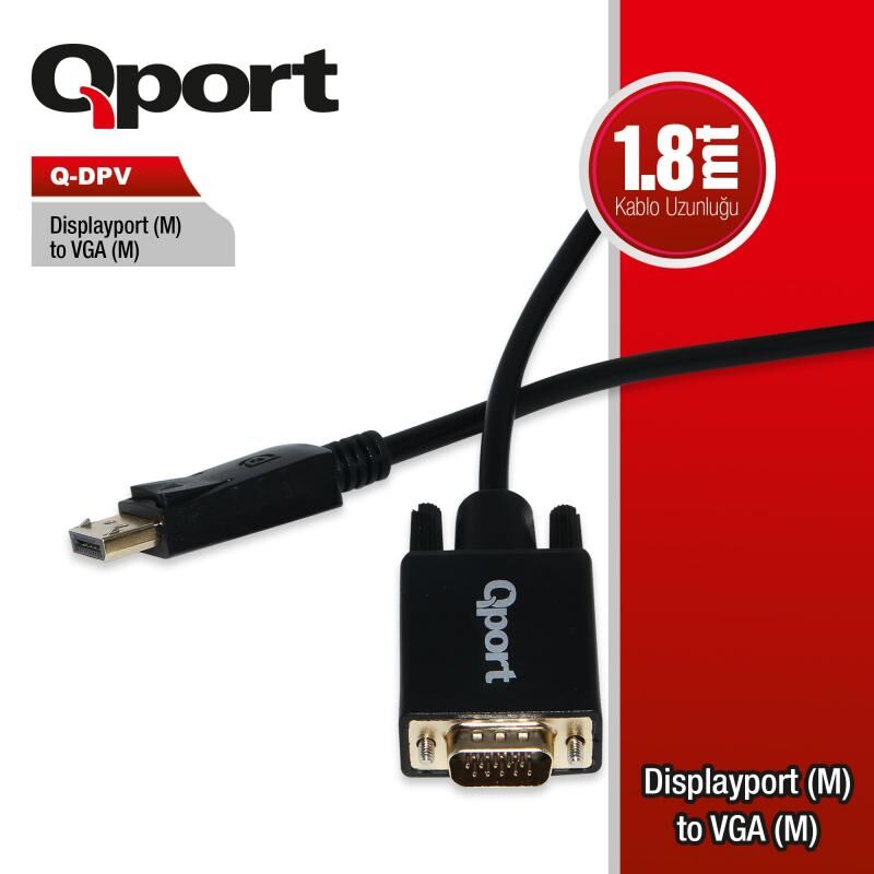 QPORT Display Port(M) To VGA(M) 1.8M Kablo Çevirici Q-DPV