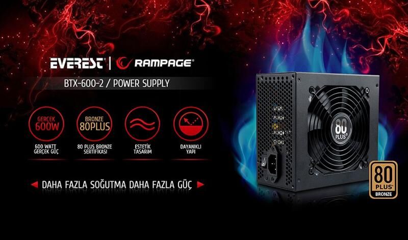 EVEREST 600W Kutulu 12cm Fan 80+Bronze 6xSata 2xIDE Güç Kaynağı BTX-600-2