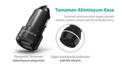 RAVPOWER RP-VC006 Ultra İnce/Ufak 24W 4.8A Çift Çıkış iSmart Araç Şarjı Siyah