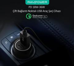 RAVPOWER RP-PC091 QC 3.0 PD 36W Toplam Çıkış Siyah Hızlı Araç Şarjı