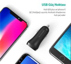 RAVPOWER RP-PC091 QC 3.0 PD 36W Toplam Çıkış Siyah Hızlı Araç Şarjı