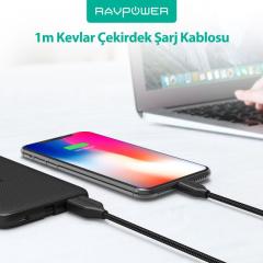 RAVPOWER RP-CB017 1 m USB-A Type-C Naylon/Çelik Örgülü Şarj/Data Kablosu Siyah +