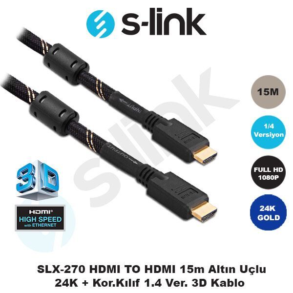 S-LINK 15m HDMI to HDMI Altın Uçlu 24K v1.4 3D Görüntü Kablosu SLX-270