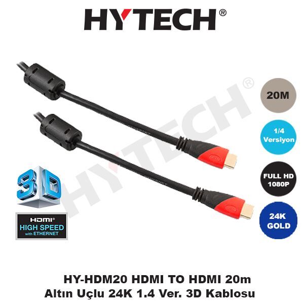 HYTECH 20m HDMI-HDMI Altın Uçlu 24K v1.4 3D Görüntü Kablosu HY-HDM20