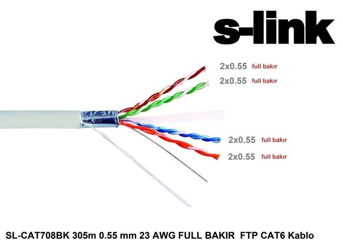 S-LINK CAT6 305M 0.55mm Awg 23 Full Bakır FTP6 Network Kablosu SL-CAT708BK
